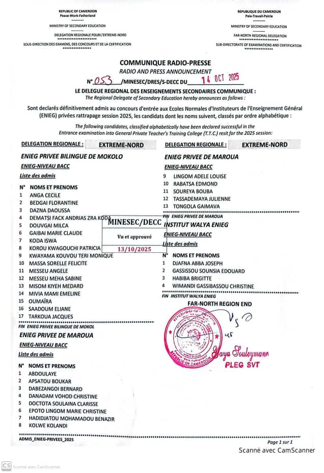 Résultats ENIEG PRIVÉE BILINGUE DE MOKOLO